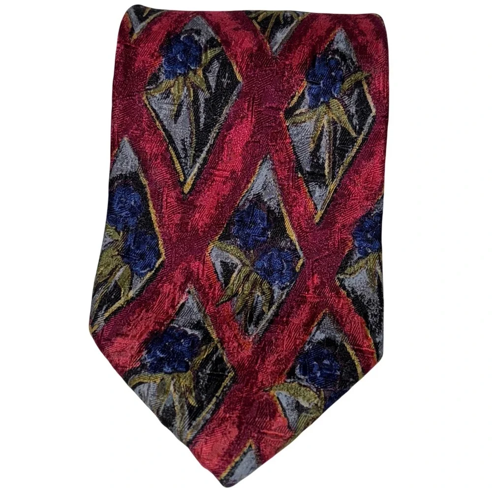 Ermenegildo Zegna‎ Silk Tie Red Blue Diamond Floral Pattern Luxury Mens